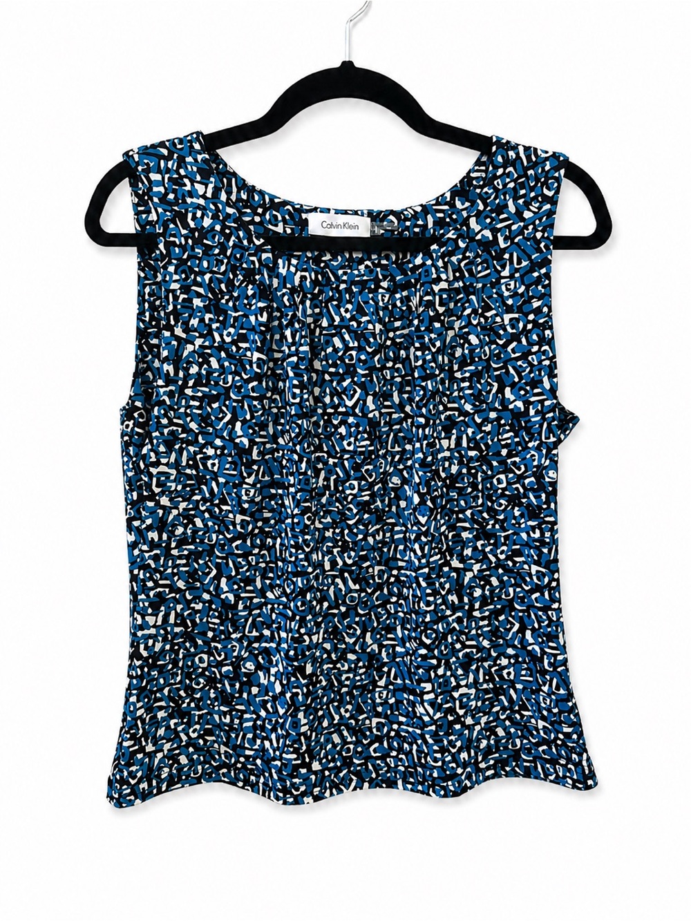 Calvin Klein Sleeveless Blouse Blue Black Abstract Print Pleated Front Size M
